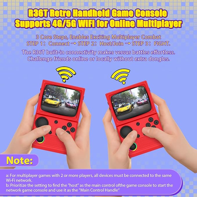 R36T Retro Gaming Console, 3.5'' IPS Screen CRT-Inspired, Handheld Game Console with 22000+ Classic Games Supports WiFi Networked Fighting and OTG, 3500mAh Battery, with Portable Case(Red 128GB)