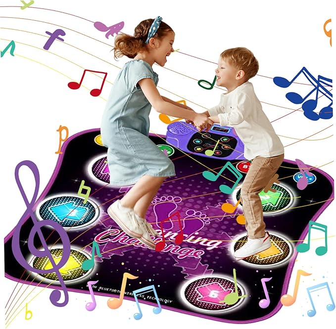 Dance Mat for Kids 6 Key Dual Horn LED Dance Pad Digital Multi-Mode Dancing Mat BT-Compatible Volume Adjustable Battery Powered 35x31.5in Electronic Mats, No Battery