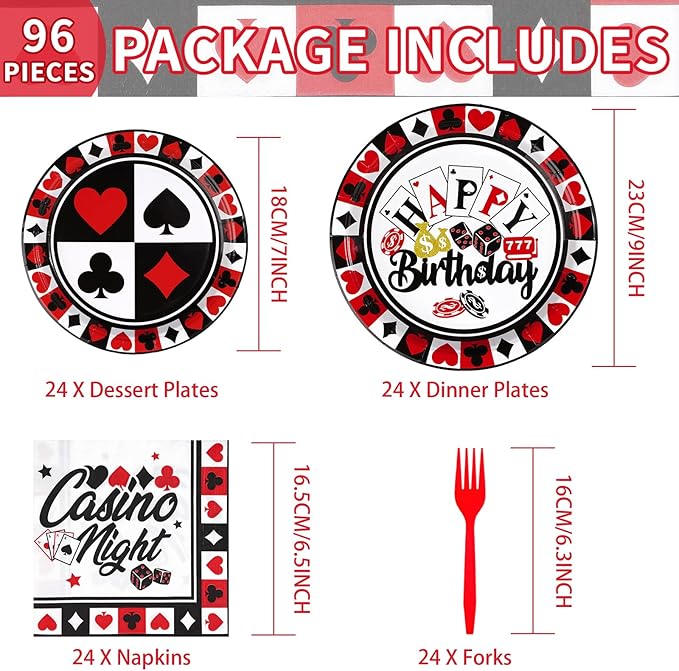 Grencian 96Pcs Casino Party Decorations Poker Plates and Napkins Disposable Red Black Casino Birthday Paper Tableware Set for Las Vegas Night Poker Club Birthday Party Supplies, Serves 24