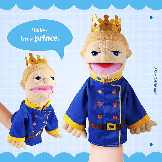 Role Play Hand Puppets Hand Plush Chef Doctor Fireman Pirate Detective Athlete Nurse Worker Hand Puppet Toys Puppets for Kids Storytelling Imaginative Pretend Play Teaching Preschool(Prince)