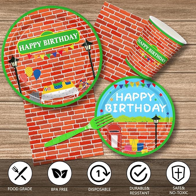 168pcs Red Brick Wall Street Birthday Party Supplies Plates Napkins Paper Cups Disposable Tableware Set Modern Cartoon Street Party Decorations for Kids Boys Birthday Decor Serves 24