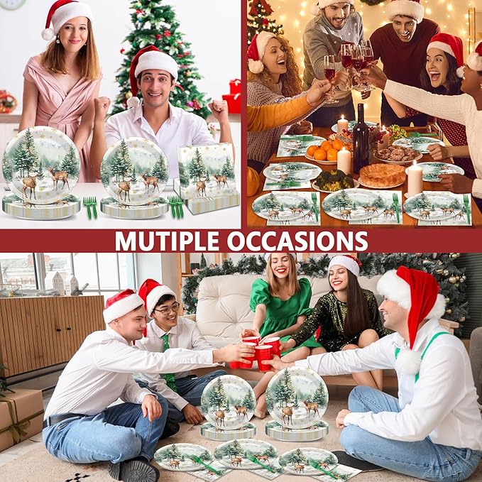CHUNNIN 96Pcs Christmas Reindeer Paper Plates and Napkins Watercolor Deer Snow Pine Trees Snowflakes Party Decorations Winter Woodland Disposable Tableware for Xmas Holiday Birthday Party Supplies