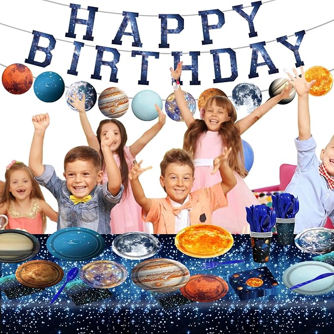 Space Theme Party Decorations 142Pcs Galaxy Planet Outer Space Disposable Plates and Napkins Cups Tablecloth Banner Knives Forks Spoons for Kids Space Solar System Planets Birthday Party Supplies