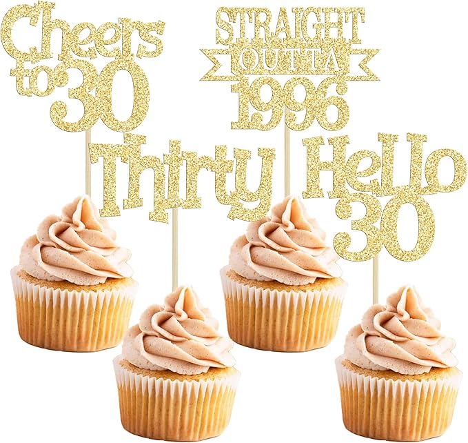 Ephlyn 24Pcs Happy 30th Birthday Cupcake Toppers Glitter Thirty Cupcake Picks Hello 30 Cheers to 30 Years Cake Decorations for 30th Birthday Anniversary Party Decorations Supplies Gold