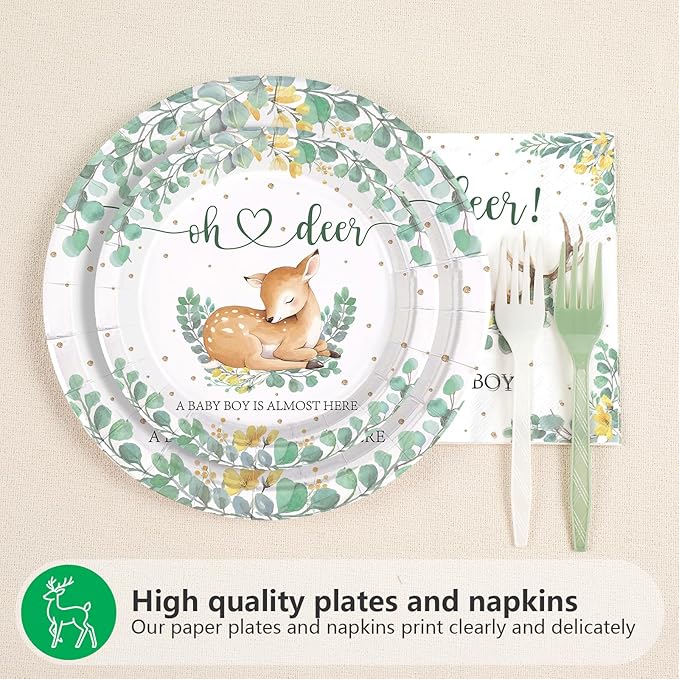 96Pcs Oh Deer He's Almost Here Baby Shower Party Supplies Green Deer Plates and Napkins Woodland Animal Tableware Set for Boy Animal Baby Shower Gender Reveal Party Supplies，Serves 24