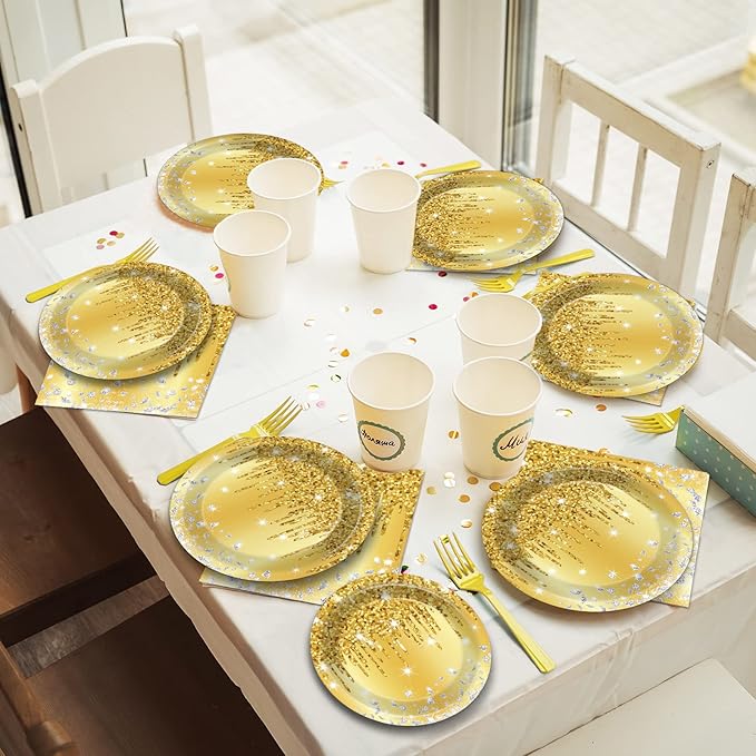 96 PCS Golden Birthday Party Decorations Tableware Set for Golden Themed Happy Birthday Supplies Diamond Gold Plates Napkins Forks for 24 Guests Men Women Anniversary Engagement Wedding Party Favors