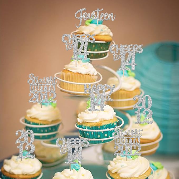 30PCS 14th Birthday Cupcake Toppers Glitter Fourteen Happy 14th Straight Outta 2012 Cupcake Picks for Cheers to 14 Years 14th Birthday Wedding Anniversary Party Decoration Supplies Silver