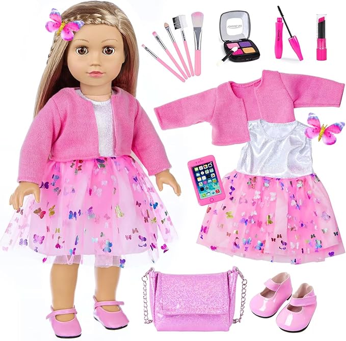 American 18 Inch Doll Makeup Accessories and Clothes,Messenger Bag Set for 18 Inch Dolls Include Phone Eye Shadow Lipstick Eyelash Brush Makeup Brush Butterfly Hair Clip and Shoes（No Doll）