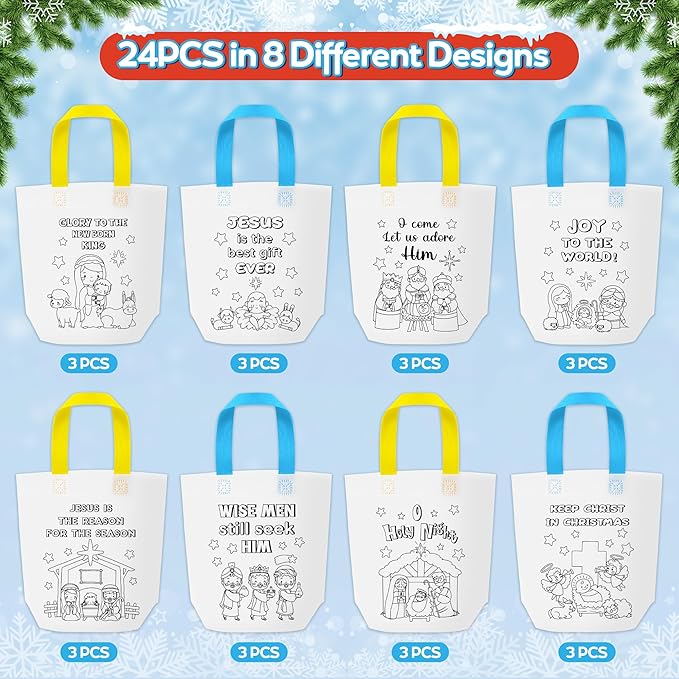 Christmas Coloring Goodie Bags for Kids - 24Pcs Nativity Bulk Color Your Own Gift Bags with Handle Religious Theme Reusable Non Woven Coloring Tote Packet for DIY Painting Crafts Holiday Party Favors