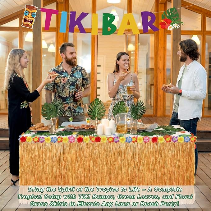 22 Pcs Tiki Bar Hut Kit with Banner 20 Realistic Palm Leaves and Gold Grass Table Skirt 108 x 29.5 in Tropical Luau Tiki Bar Decorations for Hawaiian Party Beach Pool Summer Luau Party Supplies