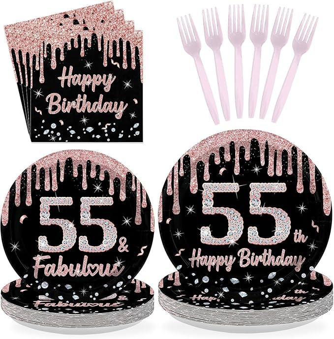 96 Pcs 55th Birthday Party Decorations Rose Gold and Black Happy 55th Birthday Paper Plates and Napkins 55 and Fabulous Tableware Sets for Women 55 Years Old Party Supplies Serves 24