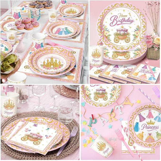 144 Pcs Princess Paper Plates Napkins, Birthday Party Supplies Include Forks Cups Straws, Summer Party Tableware Set for Kids, Serves 24 Guests