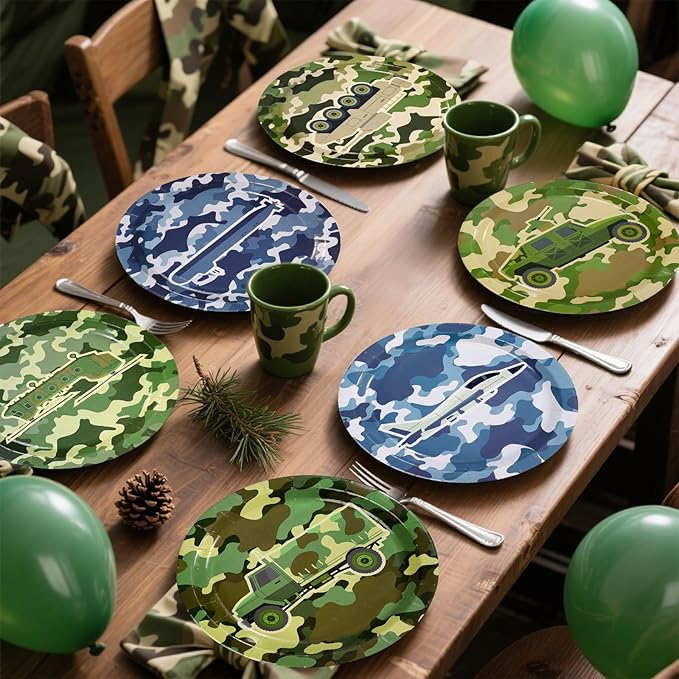 60Pcs Camo Army Party Paper Plates 9 Inch Disposable Heavy Duty Camo Military Birthday Dessert Plates Camouflage Military Decorations Favors for Boys Men Army Soldier Hunting Birthday Party Supplies