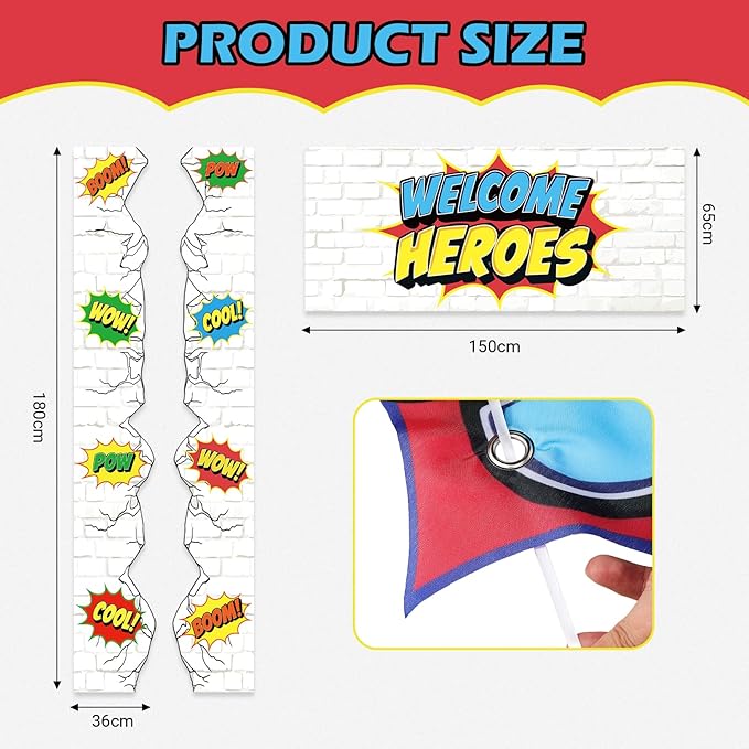 80PCS Hero Themed Birthday Party Decorations Supplies - Door Porch Banner Backdrop Balloons Blue Foil Fringe Curtains for Kids Birthday Baby Shower Classroom Photo Booth Prop