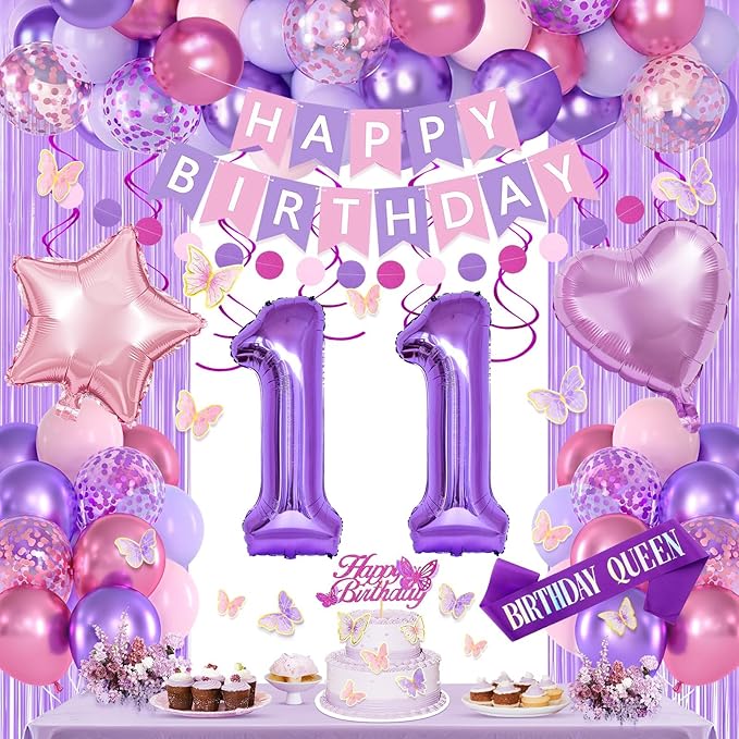 11th Purple Birthday Decorations for Girls, Pink and Purple Happy 11 Birthday Party Decorations with Happy Birthday Banner, Number Foil Balloons, Butterfly Cake Topper for 11th Party Supplies