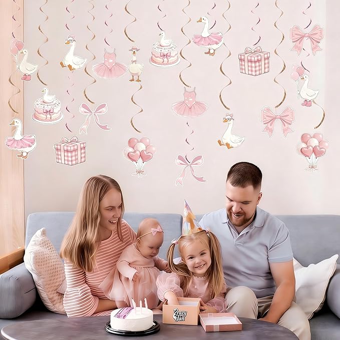 Goose Birthday Decorations One Silly Goose Hanging Swirl Decorations Pink Goose Party Supplies for Baby Girl 1st Birthday Bow Theme Baby Shower Ceiling Decor