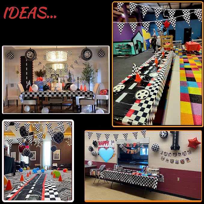 Cars Party Decorations,Racecar Centerpiece Decoration,7in Orange Racing Cones(12),Checkered Flags (24), 54"x108" Plastic Tablecloths (2),Banner Race Car Theme Party Supplies(40pcs)