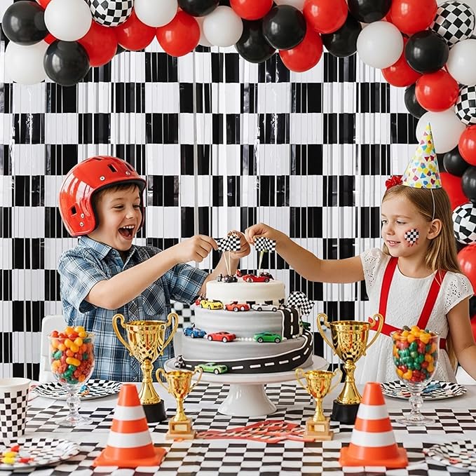 TONIFUL 2Pcs Checkered Door Streamers, Photo Booth Backdrop,Metallic Streamers Checkered Foil Fringe Curtains for Birthday,New Year,St. Patrick's Day Independence Day Labor Day Party Decor
