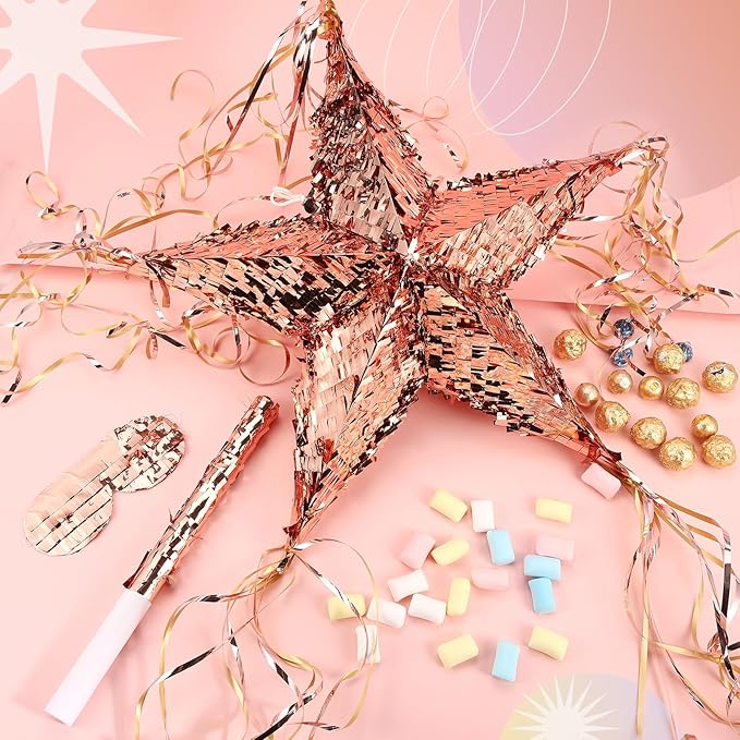 Hanaive Foil Star Piñata with Blindfold and Bat for Birthday Foldable Star Shape Piñata with Stick Festive Fiesta Party Supplies Favors for Mexican Party (Rose Gold)