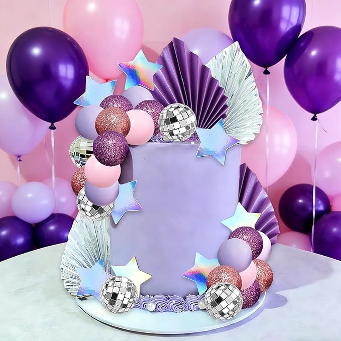 41Pcs Cool Girl Cake Decorations Purple Disco Ball Cake Topper Singer Stars Birthday Decoration Purple Cool Girl Bachelorette Party Supplies Bridal Shower Decor