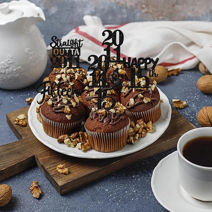 30PCS Black 15th Birthday Cupcake Toppers Glitter Fifteen Happy 15 Straight Outta 2011 Cupcake Picks for Cheers to 15 Years 15th Birthday Wedding Anniversary Party Decorations Supplies