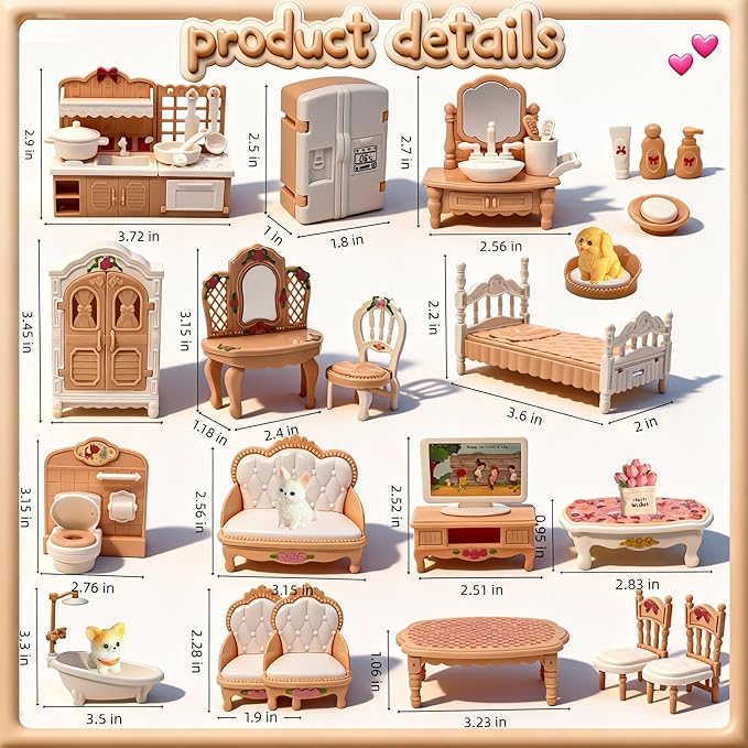 Dollhouse Furniture Set, 38 Pcs Miniature Doll House Accessories with Dogs and Cat ，Kitchen Bedroom Living Room Bathroom Furniture, Toy for Kids Ages 3+ Boys Girls, Great Gift Idea