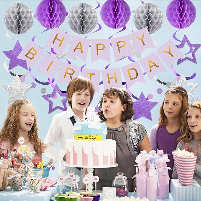 meowtastic Birthday Decorations, Happy Birthday Banner with Honeycomb Balls, Star Hanging Swirl Streamers, Circle Dot Garland, Happy Birthday Party Decoration for Women Men Boys Girls (Purple&Silver)