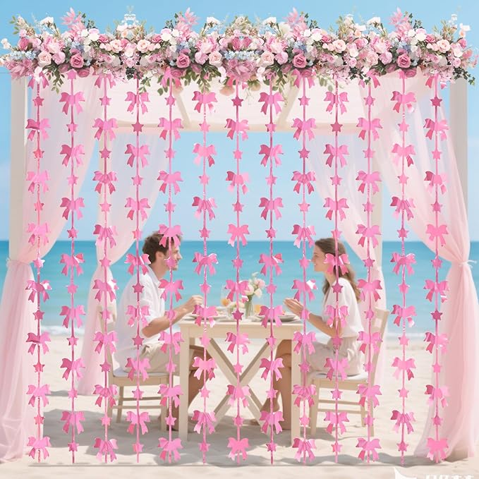 Bow Party Decorations, 2 Pack Pink Coquette Birthday Party Supplies, 3.3 X 6.6 ft Foil Fringe Curtains, Pink Bow Photo Booth Props Backdrop for Girls, Baby Pink, Bridal Shower Party Decor