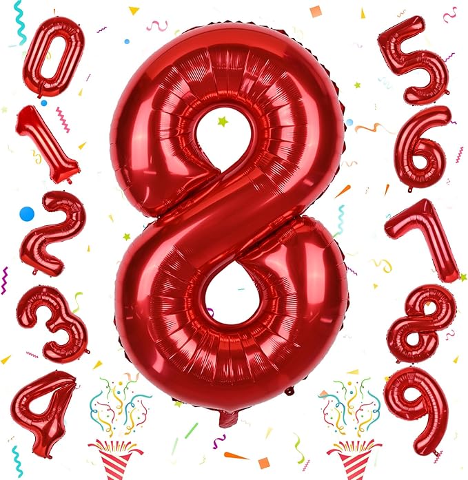 40 Inch Red 8 Balloons Number, Big Self Inflating Foil Girls 8th Birthday Balloon for Boys Women 18th Happy Birthday Party Decoration Anniversary Graduation Celebration Christmas for Men Supplies