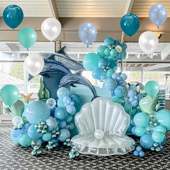 Teal Blue White Balloons 12Inch Under The Sea Balloon Ocean Balloons Turquoise Pearl Metallic Blue and White Latex Balloon for Boys Men Birthday Baby Shower Pool Beach Party Decorations