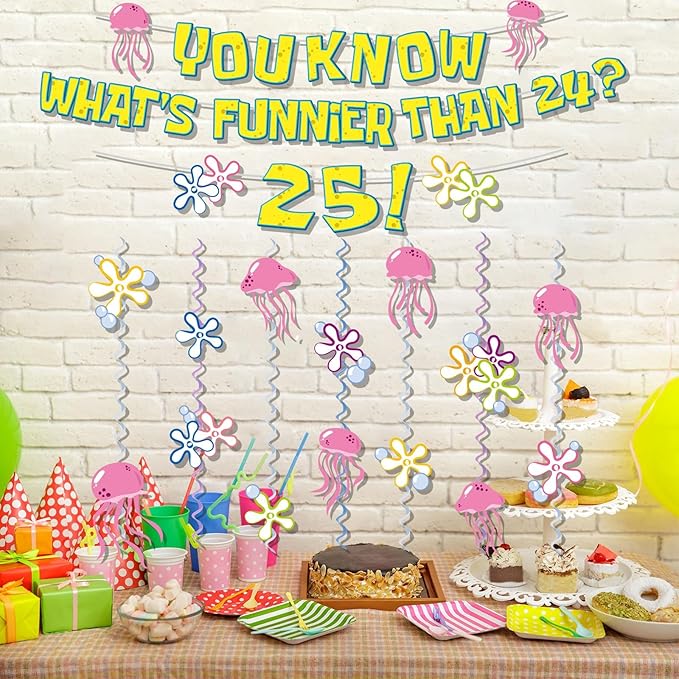 WHAT'S FUNNIER THAN 24? 25! Birthday Banner Carton Sponge Banner Jelly Fish Hanging Swirls Garlands Sea Animals Hanging Banner for Birthday Party Decorations Supplies Party Favors