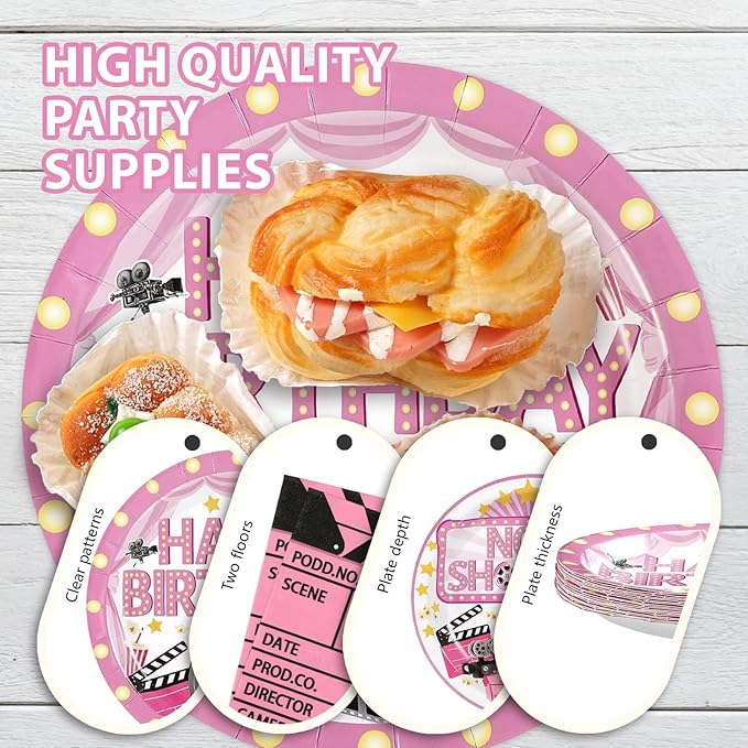 Grencian 96Pcs Movie Night Party Decorations Pink Movie Plates and Napkins Disposable Camera Popcorn Theater Paper Tableware for Girls Film Festival Birthday Film Theme Party Supplies, Serves 24