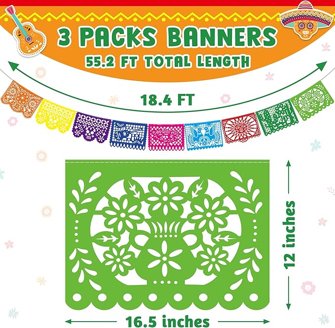 3 PCS Cinco De Mayo Decorations, Plastic Mexican Party Banner 55.2 FT Papel Picado Dia De Los Muertos, Colorful Fiesta Banner for Day of the Dead Decorations Ofrenda Decorations for Fiesta Decor