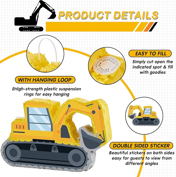 Lewtemi Digger Piñatas for Birthday Party Construction Excavator Piñata with Stick, Blindfold, Confetti for Adults Birthday Baby Shower Party Supplies