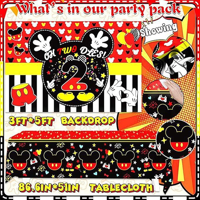 132pcs Oh Twodles Birthday Party Supplies Boy, Red Mouse 2nd Birthday Decorations Supplies, Balloons Arch Banner Backdrop Tablecover Cake Topper for Black Mouse Themed Boy 2 Years Old Birth Party