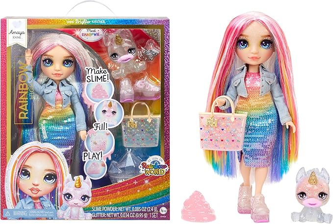 Rainbow High Amaya, Rainbow with Slime Kit & Pet, 11" Shimmer Posable Fashion Doll with DIY Sparkle Slime, Magical Yeti Pet, Fun Play Accessories, Great Toy Gift for Girls Kids Ages 4-12 Years