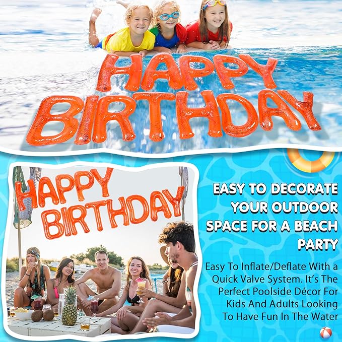Shappy 20'' Happy Birthday Pool Large Floating Letter Balloons with Adhesive Dots Inflatable Pool Decorations for Summer Birthday Party