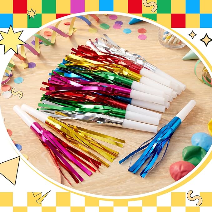 Sumind 24 Pcs Multicolor Noise Makers Glitter Noise Makers Metallic Fringed Party Blowers for Adults Birthday Graduation Sporting Events 2026 New Years Party Favor Supplies