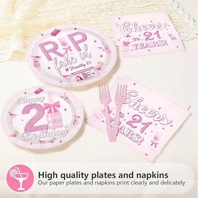 96Pcs Happy 21st Birthday Decorations Young Cheers to 21 Years Plates and Napkins Rip Fake Id Finally 21 Birthday Decoration Favors for Girls 21 Years Old Bday Party Supplies Serves 24