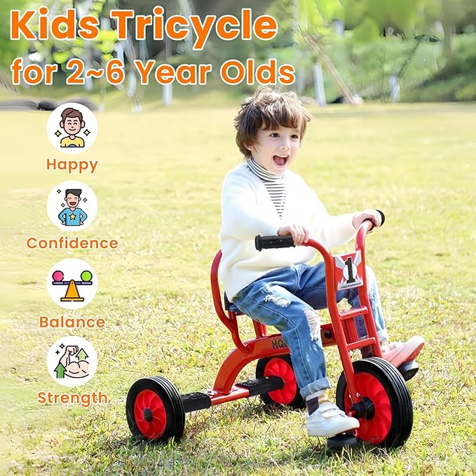 Kids Tricycle for Age 2-6, Big Wheel Kids Trike Bike, Preschool Daycare Outdoor Tricycle with Airless Rubber Tires and Non-Slip Pedals, Gift for Boys and Girls
