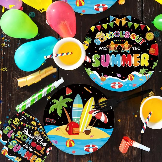 96 Pcs School's Out for The Summer Decorations Peace Out School Hello Summer Plates and Napkins End Of The School Year Tableware Set for Kids Class Of 2025 Preschool Graduation Party Supplies Serve 24