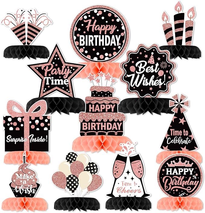 12 Pcs Birthday Table Decorations Glitter Rose Gold Black Birthday Decorations Honeycomb Centerpieces for Table Decor Girls Boys Women Men Party Supplies