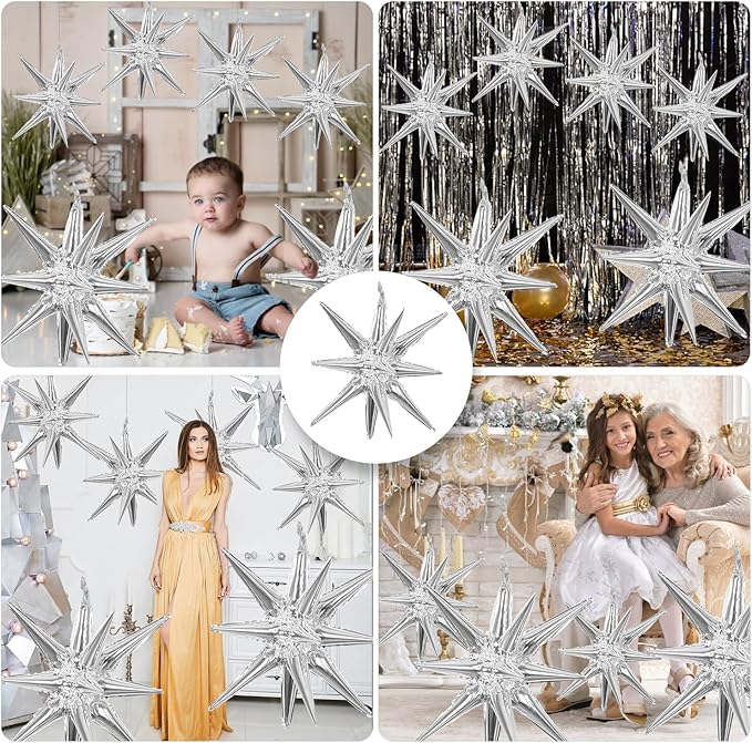 6 Pcs Silver Star Foil Balloons One-Piece 14-Pointed Star Balloon 4D Starburst Cone Mylar Balloon 22inch Christmas Birthday Wedding Wedding Anniversary Party Supplies (22&27 Inches Silver)