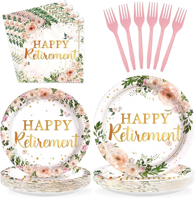 96Pcs Wildflower Retirement Party Decorations for Women Pink Gold Floral Teacher Retirement Plates and Napkins Sets Lady's Retired Decoration Favor for Goodbye Going Away Just Retired Party Serve 24