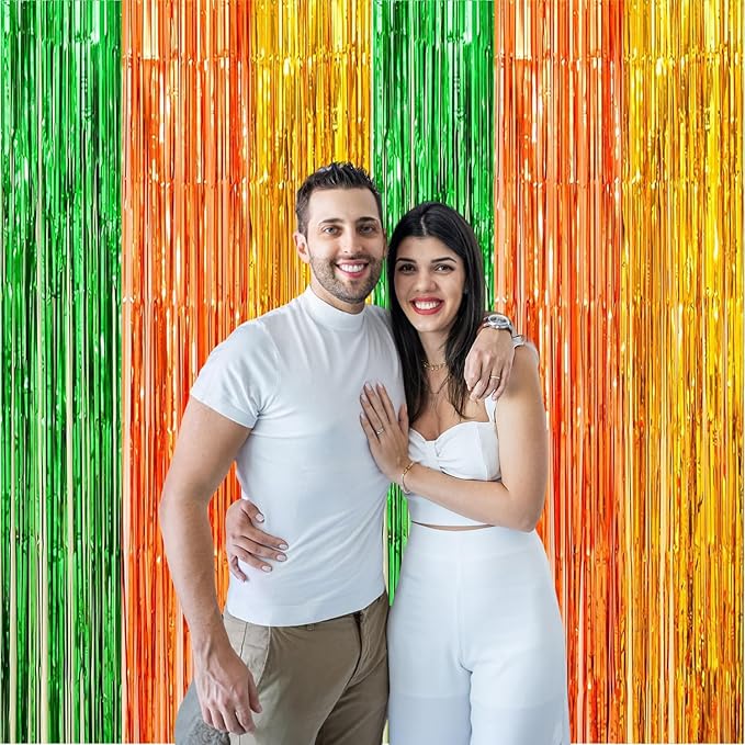 2 Pack Construction Foil Fringe Curtains, 3.3x6.6 Ft Orange Gold and Green Tinsel Backdrop Party Decorations Door Streamers for Birthday St. Patrick's Day Engagement Decor,Photo Booth Props