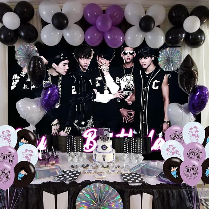 Bangtan Boys Birthday Party Decoration,Boy Band Party Photo Background 5 x 3 FT and 18 Pcs Balloon,Merch Party Backdrop Supplies