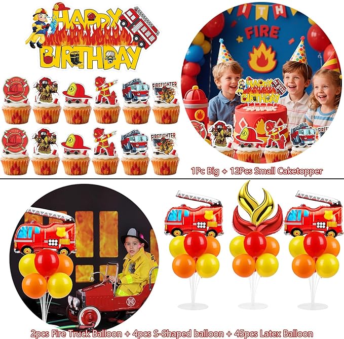 Fire Truck Birthday Party Decorations Kit – Firefighter Party Supplies with Happy Birthday Backdrop, Table Cover, Cake Toppers and Foil & Colorful Balloons for Kids Rescue Theme Party