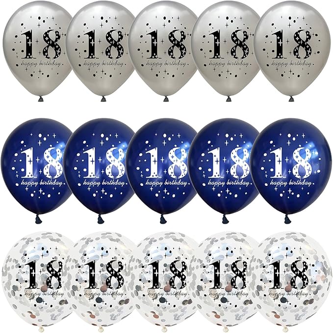 Happy 18th Birthday Balloons for Boys, Navy Blue Silver 18th Birthday Party Decorations for Him, 15 Pieces 18th Balloons for Boys Age 18 Years Old Birthday Celebration Party Decorations Supplies