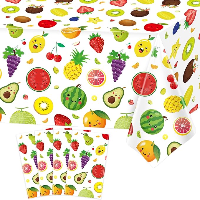4 Pack Fruit Tablecloth Tutti Fruit Party Decorations Lemon Watermelon Strawberry Disposable Table Cloth Summer Theme Birthday Table Covers for Hawaiian Baby Shower Dancing Luau Supplies 51X86IN