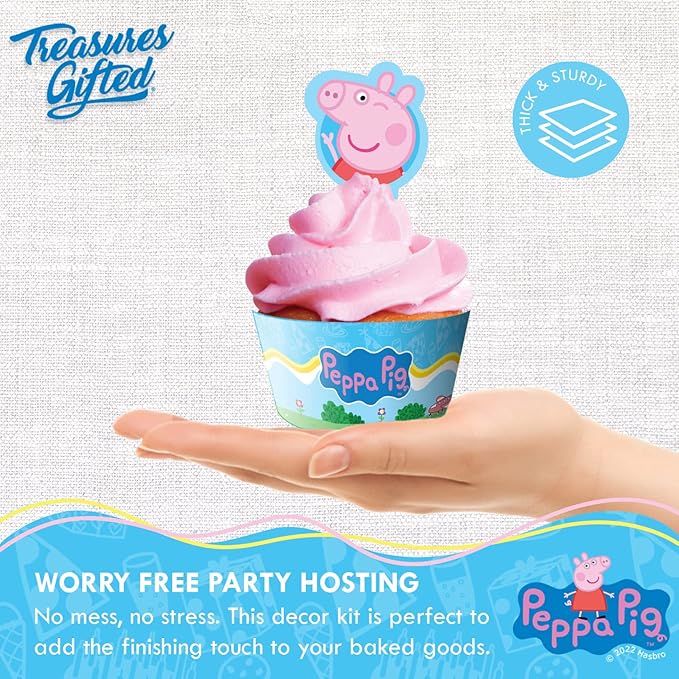 Treasures Gifted Officially Licensed Peppa Pig Birthday Decorations - Cupcake Toppers and Wrappers 24ct - Dessert Toppers & Cupcake Kit - Peppa Pig Party Supplies